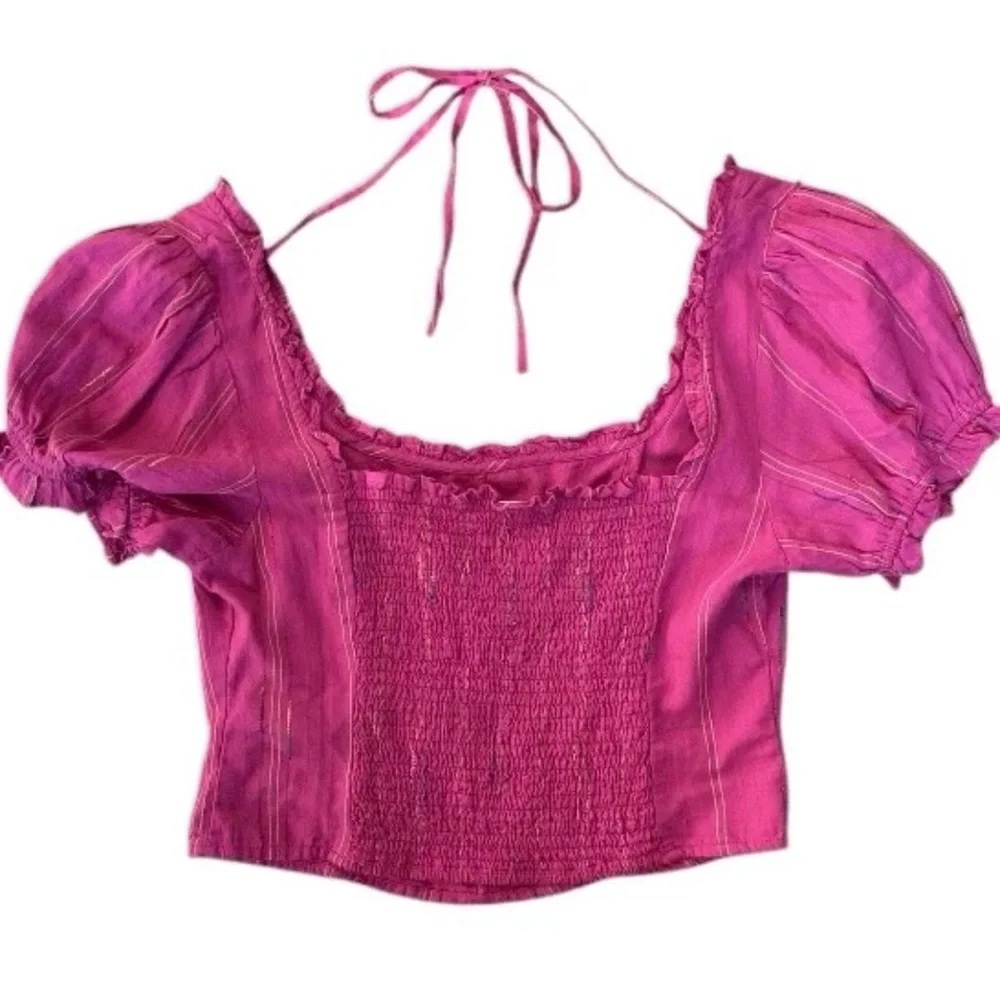 Free People Serotonin Corset Smocked Puff Sleeve Pink